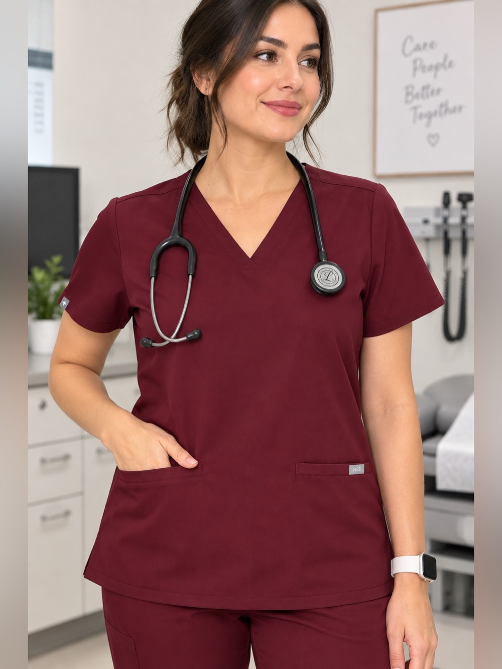 Women's V-Neck Medical Scrub Top in Burgundy size